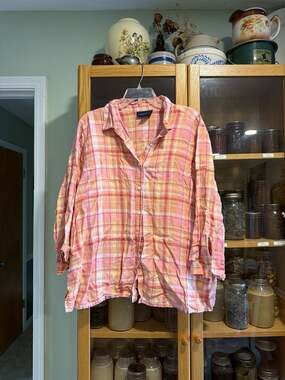 Charter Club Woman 18W 100% Linen Pink and Orange Plaid Button Down Shirt